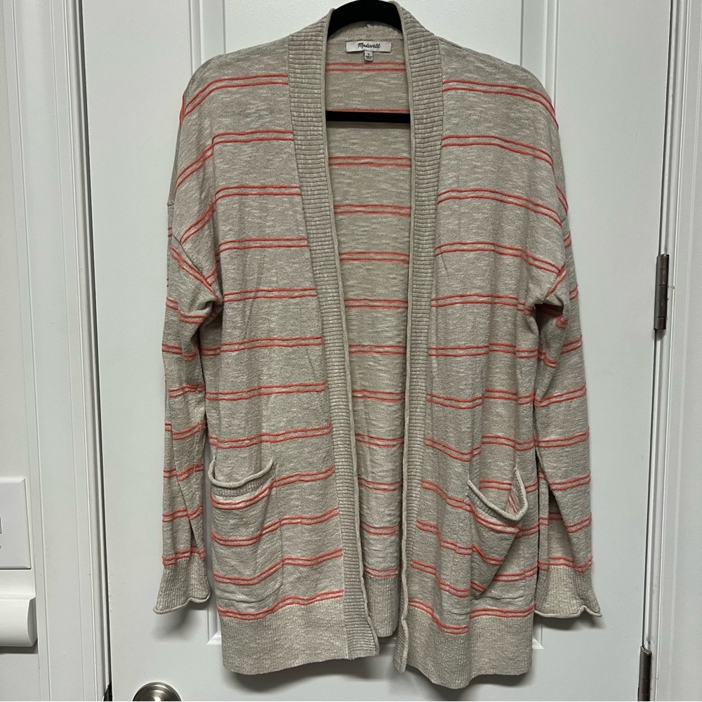 Madewell Cream and Pink Cardigan Sweater Relaxed Open-Front Design